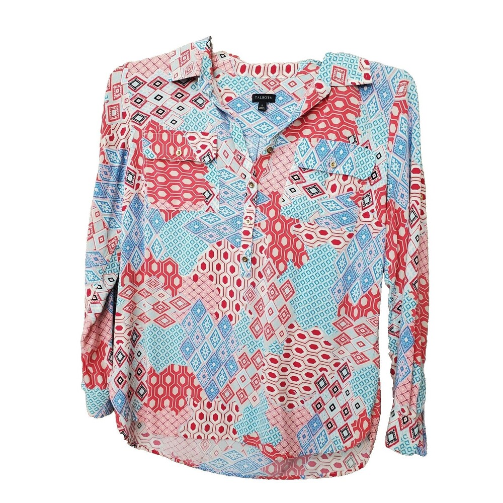 TALBOTS Retro Print Henley Neck Roll-Tab Sleeve Popover Blouse Size Small